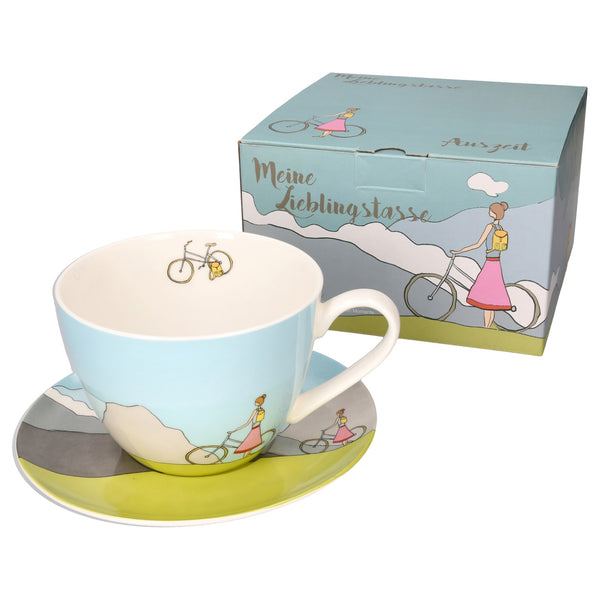 Bone china and saucer time out girl with bike 550ml
